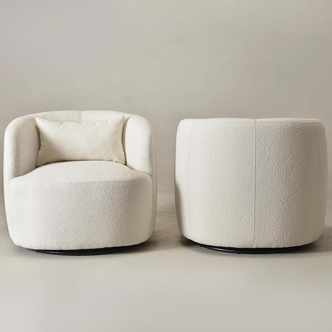 KINWELL 34" Wide Sherpa Swivel Barrel Chairs Set of 2, No Assembly Round Boucle Upholstered Accent Chairs Armchairs Single Sofa Chair with Toss Pillow for Living Room and Bedroom, Beige