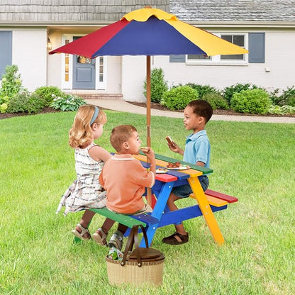 Costzon Kids Picnic Table, Fir Wood Kids Outdoor Table and Chairs with Removable Umbrella, Toddler Picnic Table for Patio, Backyard, Garden (Multicolor)