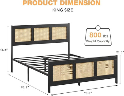 Garvee Rattan Bed Frame with Headboard, Bohe Platform King Size Bed Frame with Strong Metal Slats Support, No Box Spring Needed, Noise-Free Design, Black