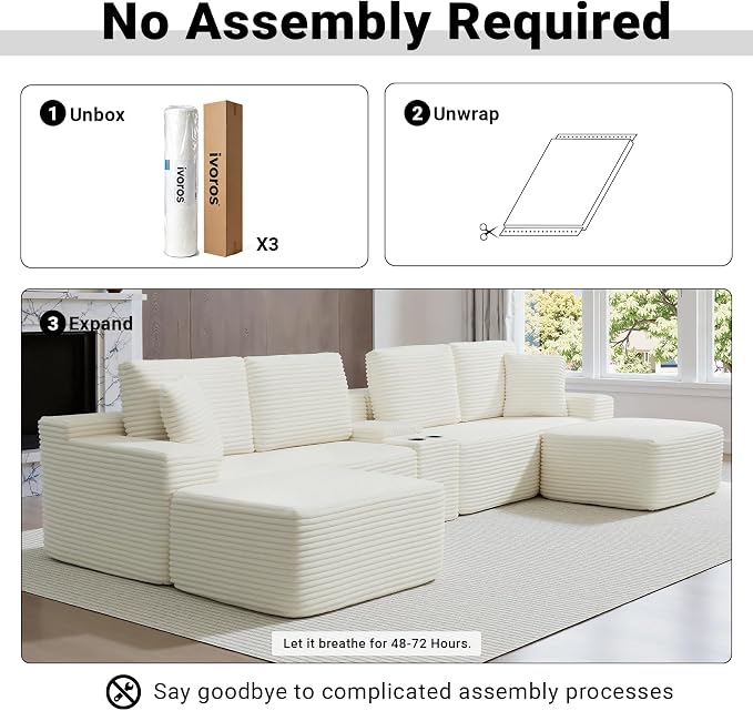 ivoros 150 Inch Modular Sectional Sofa Couch, Oversized Modern Cloud Couch for Living Room, U Shape Couches with 2 Ottomans, USB Ports and Cup Holders, Beige Corduroy Boneless Sofas,Sofa in a Box