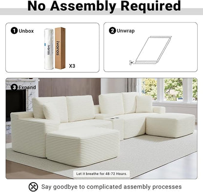 ivoros 150 Inch Modular Sectional Sofa Couch, Oversized Modern Cloud Couch for Living Room, U Shape Couches with 2 Ottomans, USB Ports and Cup Holders, Beige Corduroy Boneless Sofas,Sofa in a Box