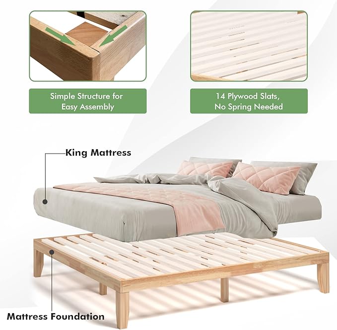 COSTWAY King Size Platform Bed Frame, 14 Inches Solid Rubber Wood Bed Mattress Foundation with Sturdy Slats Support, Easy Assembly Bed Frame for Home Hotel, No Box Spring Needed (Natural, King)