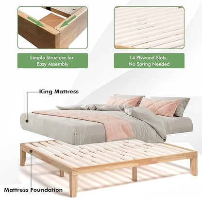 COSTWAY King Size Platform Bed Frame, 14 Inches Solid Rubber Wood Bed Mattress Foundation with Sturdy Slats Support, Easy Assembly Bed Frame for Home Hotel, No Box Spring Needed (Natural, King)