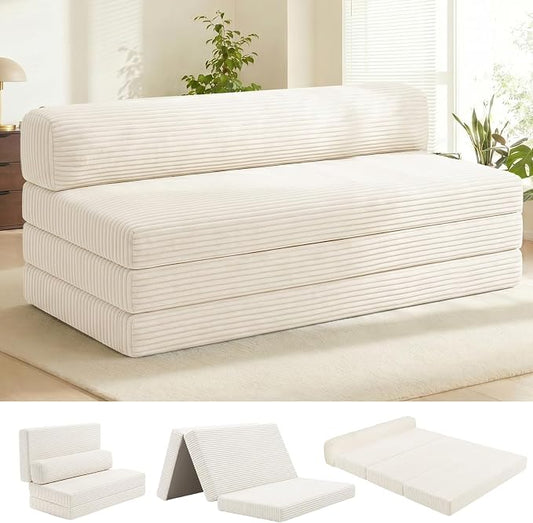 Convertible Sofa Bed, Boneless Loveseat with Removable Cushions & Washable Cover, Futon Sofa Bed with Handle, Pull Out Couch for Living Room, King Size, Beige