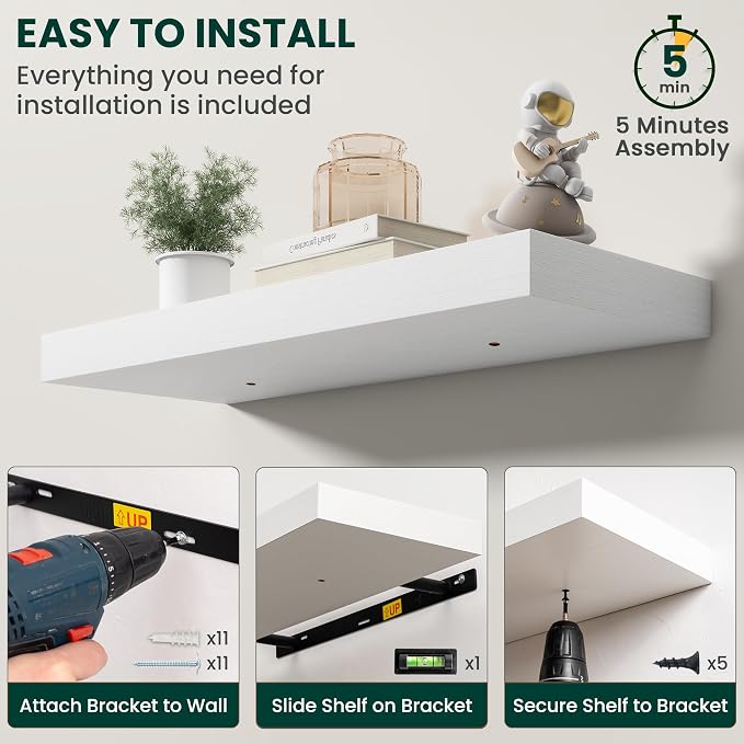 Floating Shelves for Wall, 32 Inch x 8 Inch Deep Wall Mounted Wood Shelf with Invisible Brackets for Storage & Display, Living Room Bedroom Kitchen, White, Set of 2