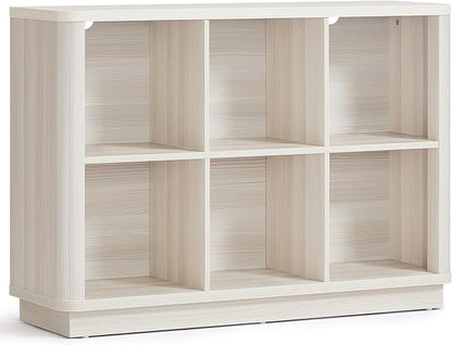 Joaxswe 6 Cube Bookcase, 40" Wide Horizontal 2-Tier Book Shelf w/Curved Edge, Wood Low Floor Standing Bookshelf with Base, Modern Short Storage Organizer for Living Room,Office, Gray-White Cream Oak