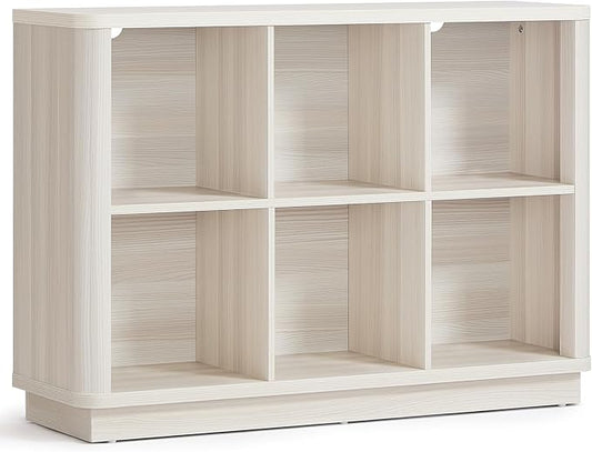 Joaxswe 6 Cube Bookcase, 40" Wide Horizontal 2-Tier Book Shelf w/Curved Edge, Wood Low Floor Standing Bookshelf with Base, Modern Short Storage Organizer for Living Room,Office, Gray-White Cream Oak