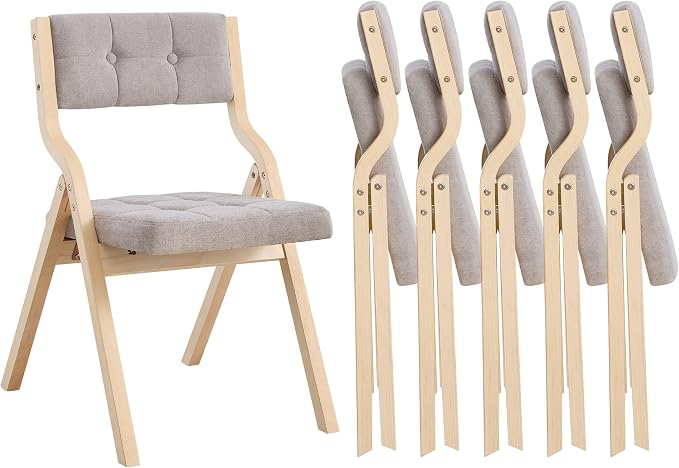 6-Pack Folding Dining Chairs with Cushion,Padded Foldable Dining Chairs,Portable Wooden Folding Chairs with Tufted Buttons Seat for Dining Rooms Kitchen Wedding and Party Indoor Lightgrey