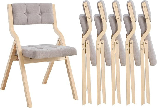 6-Pack Folding Dining Chairs with Cushion,Padded Foldable Dining Chairs,Portable Wooden Folding Chairs with Tufted Buttons Seat for Dining Rooms Kitchen Wedding and Party Indoor Lightgrey