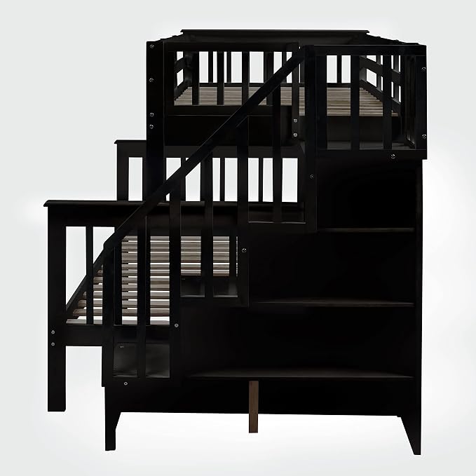 MERITLINE Twin Over Full Bunk Bed with Trundle, Storage Staircase,Solid Wood Bunk Bed with Stairs Box and Guardrail, No Spring Box Needed (Espresso &Trundle,Twin Over Full)