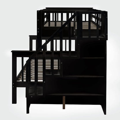 MERITLINE Twin Over Full Bunk Bed with Trundle, Storage Staircase,Solid Wood Bunk Bed with Stairs Box and Guardrail, No Spring Box Needed (Espresso &Trundle,Twin Over Full)