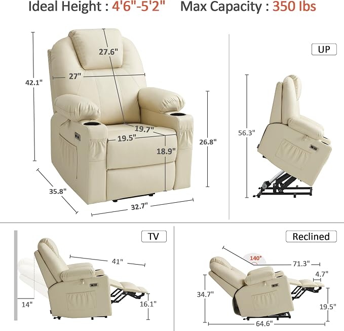 MCombo Power Lift Recliner Chair for Elderly, Lift Chair with Heat and Massage, FSC Certified, USB Ports, Cup Holders, Faux Leather 7141 (Cream White, Small)