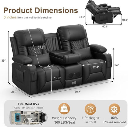 Power RV Loveseat Recliner Sofa, Reclining Loveseat with Flip Back Console, Home Theater Seating with USB Ports, Cup Holders, Wall Hugger Recliners for Movie Room, Black