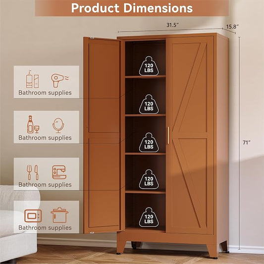 Baborokic 71H Tall Metal Storage Cabinet with 2 Doors and Adjustable Shelves,Farmhouse Storage Cabinet with Barn Doors,Pantry Storage for Home,Office,Dining Room,Kitchen(Rustic Brown)