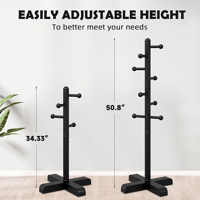 Coat Rack, Freestanding Coat Racks with 8 Hooks 2 Adjustable Height, Tree Coat Rack for Bedroom, Hallway, Entrance, Office, Hats, Handbags,Purse (BLACK)
