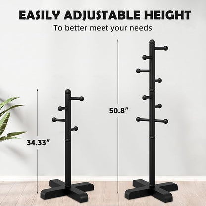 Coat Rack, Freestanding Coat Racks with 8 Hooks 2 Adjustable Height, Tree Coat Rack for Bedroom, Hallway, Entrance, Office, Hats, Handbags,Purse (BLACK)