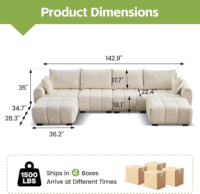 143" Oversized U Shaped Cloud Modular Sectional Sofa, Modern Chenille Upholstered 6 Seater Couch with 2 Removable Ottomans, Tufted Deep Seat & Wood Legs, Large Beige Sectional Couches for Living Room