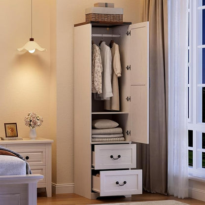 Vabches 71” Tall Farmhouse Armoire Wardrobe Closet, Rustic Narrow Wooden Cabinet for Clothing with Single Door (Reversible Hinge), 2 Large Storage Drawers, Hanging Rod & Adjustable Shelf