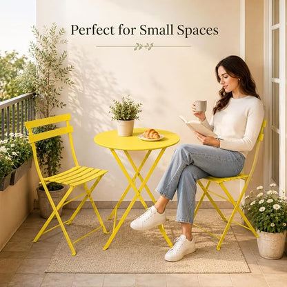 Small 3 Piece Patio Set, Bistro Table and Chairs Set of 2, Outdoor Folding Coffee Table, Outdoor Patio Furniture Set for Balcony, Yard, Garden, Yellow (Yellow)