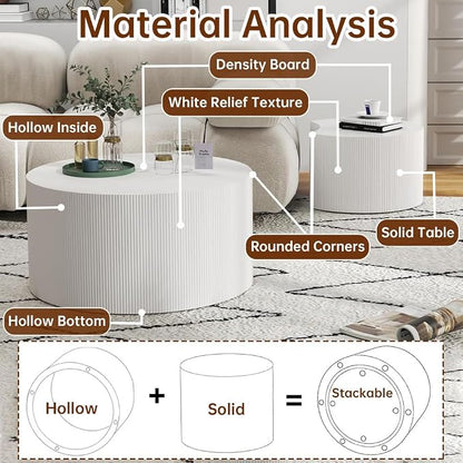 Round Nesting Coffee Table Set of 2 Modern Cream Fluted Coffee Table Small Round End Table Crescent Side Table Circular Coffee Tables Nested Coffee Tables for Living Room (Cream Large)