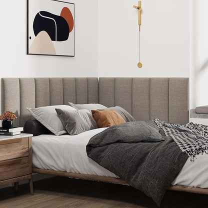 IFNOW Upholstered Wall Mounted Headboard, 3D Soundproof Wall Panels Peel and Stick for King Size, Reusable and Removable Tufted Bed Headboard in Linen (12 Panels, 10" x 24")