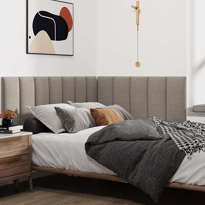 IFNOW Upholstered Wall Mounted Headboard, 3D Soundproof Wall Panels Peel and Stick for Queen Size, Reusable and Removable Tufted Bed Headboard in Linen (9 Panels, 10" x 24")