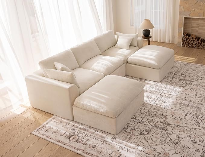 115" Modular Sectional Sofa – Modern Cloud Couch with Deep Chenille Seats, U-Shaped Boneless Sofa, Pet-Friendly, No Assembly, Warm White (3 Seater + 2 Ottoman)