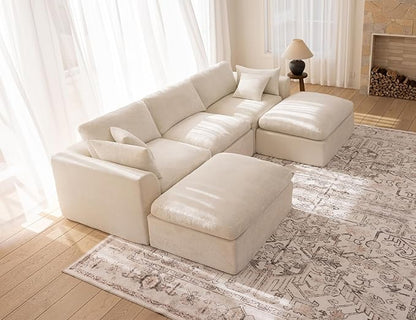 115" Modular Sectional Sofa – Modern Cloud Couch with Deep Chenille Seats, U-Shaped Boneless Sofa, Pet-Friendly, No Assembly, Warm White (3 Seater + 2 Ottoman)