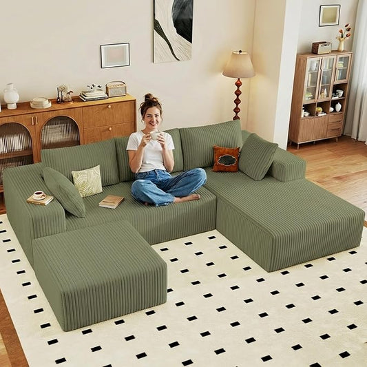 95" Cloud Sectional Couch U-Shaped Chaise with Ottoman, Corduroy Boneless Couch for Living Room Bedroom, Deep-Seat Upholstered Modular Cloud Sofa, No Assembly Required (Green, Right Facing Chaise)