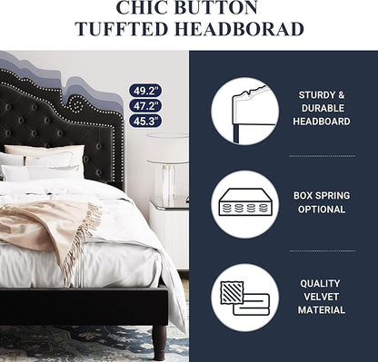 Allewie Queen Velvet Bed Frame with Adjustable Headboard, Wooden Slats, No Box Spring Needed, Easy Assembly, Black