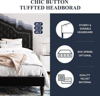 Allewie King Bed Frame with Adjustable Velvet Tiara Headboard, Upholstered Diamond Button Tufted Platform Bed, Wood Slats Support, No Box Spring Needed, Mattress Foundation, Easy Assembly, Black