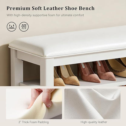 Shoe Rack Bench Entryway Storage with Leather Cushion, Shoe Organizer Bench for Entryway, Ideal for Front Doors Entrances Hallway Mudroom Featuring Rubberwood And 3 Height-Adjustable Removable Shelve