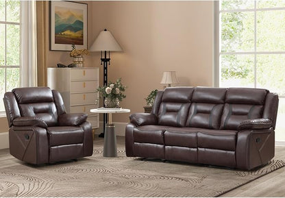 EBELLO Manual Recliner Sofa Set, Faux Leather Reclining Living Room Furniture Set, Included Recliner Chair and 3 Seat Manual Sofa, Dark Brown