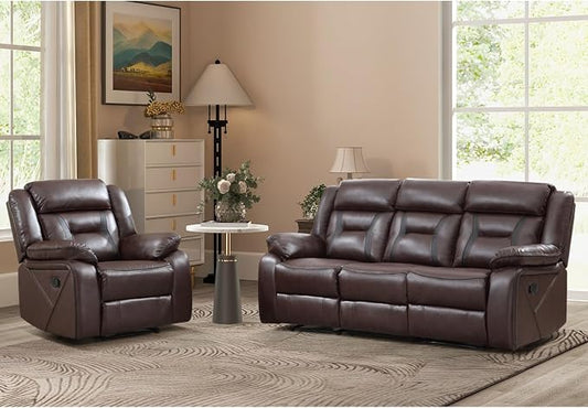 EBELLO Manual Recliner Sofa Set, Faux Leather Reclining Living Room Furniture Set, Included Recliner Chair and 3 Seat Manual Sofa, Dark Brown