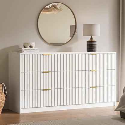 MAISONARIA 3-Piece Dresser Bedroom Set, 6 Drawer Dresser & 2 Drawer Nightstands with Gold Handles, Fluted Wood Chest of Drawers for Bedroom, Living Room, Entryway, White