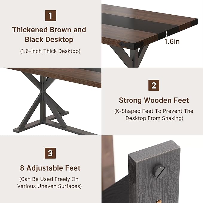 Hlivelood 71 Inch Dining Table for 6 People, Rectangular Kitchen Farmhouse Table W/Thickness Waterproof Wood Tabletop,Long Dining Room Tables W/Wood Strip Base for Kitchen Living Room(Brown&Black)