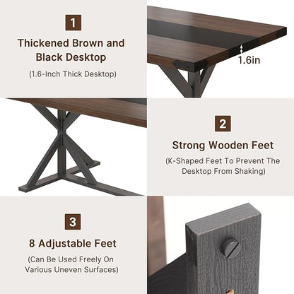 Hlivelood 71 Inch Dining Table for 6 People, Rectangular Kitchen Farmhouse Table W/Thickness Waterproof Wood Tabletop,Long Dining Room Tables W/Wood Strip Base for Kitchen Living Room(Brown&Black)