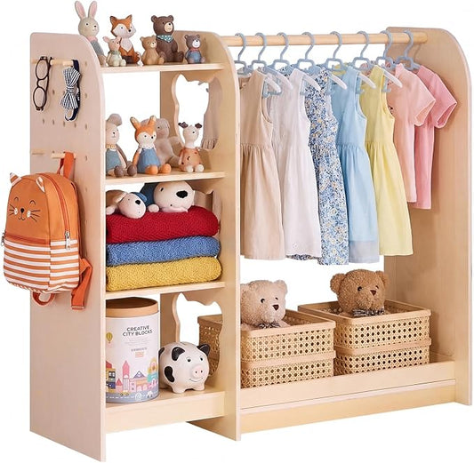 VEVOR Kids Dress Up Storage, with Mirror, Wooden Kids Dress Up Rack, Toddler Wardrobe Closet for Little Girls, Storage Armoire, Costume Organizer, Children Playroom Furniture, for Bedroom, Natural