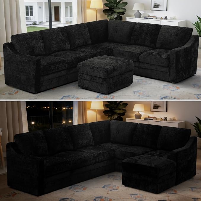 115 Inches Chenille Sectional Sofa with Storage Ottoman, Modern 7 Seats Corner Couch with Deep Seat, Comfy Modular U Shaped Couch with Comfortable Cushions for Living Room, Black