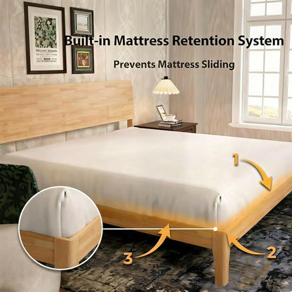 Novilla Full Size Bed Frame with 3-Level Adjustable Storage Headboard, Solid Wood Platform Bed Frame with Slats, No Box Spring Needed, Noise Free, Natural Finish for Master Bedroom and Guest Room