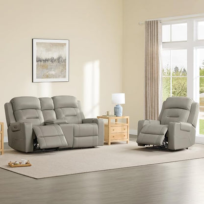 Watson & Whitely Genuine Leather Power Loveseat Recliner Sofa, Lay Flat Reclining Sofa with Console, Power Headrest, Cup Holders & Wireless Charging, Dual Recliner for Living Room, Grey