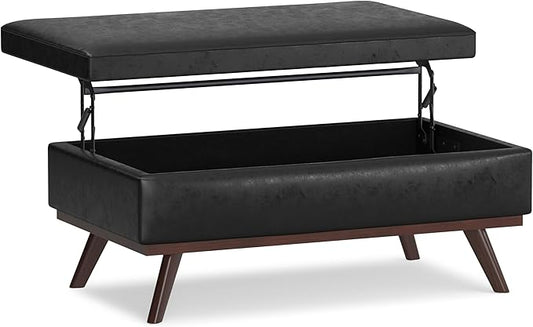 SIMPLIHOME Owen Lift Top Coffee Table Storage Ottoman - 42 inch Wide Upholstered Vegan Leather Rectangular Lift-Top Ottoman in Distressed Black, Mid-Century Modern Ottoman for Living Room