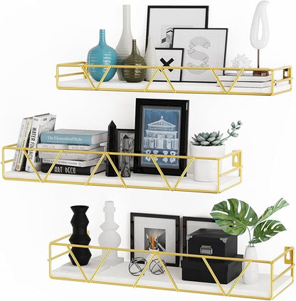 Amaoot Floating Shelves Set of 3, Home Wood Wall Shelf, Farmhouse Shelf for Bedroom, Wall Mounted Floating Shelf for Living Room, Bedroom, Bathroom, Kitchen, Office (Gold)