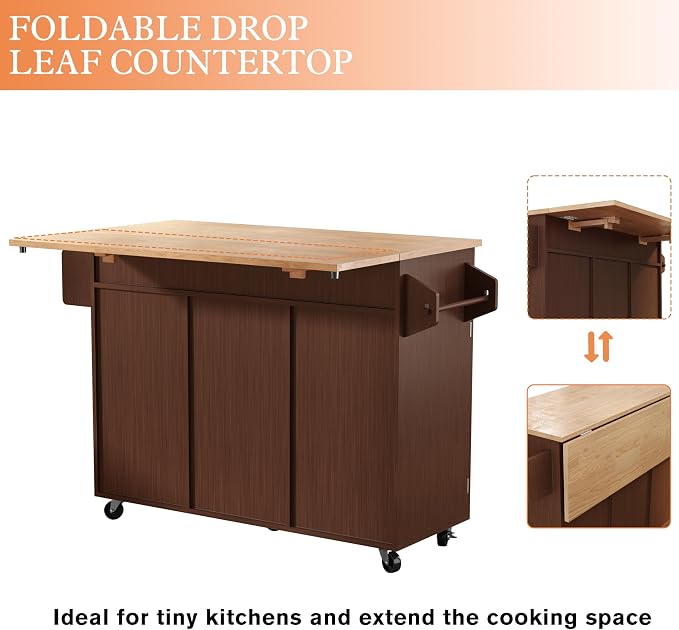 HLR Kitchen Island On Wheels, Brown Rolling Kitchen Island Cart with Solid Wood Drop Leaf Breakfast Bar, Barn Door Kitchen Islands with Storage Cabinet and Tower Rack, Island Table for Kitchen