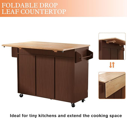 HLR Kitchen Island On Wheels, Brown Rolling Kitchen Island Cart with Solid Wood Drop Leaf Breakfast Bar, Barn Door Kitchen Islands with Storage Cabinet and Tower Rack, Island Table for Kitchen
