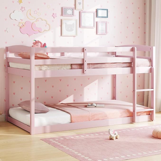 MAT EXPERT Bunk Bed Twin Over Twin, Low Wood Bunk Bed Frame w/Safety Guardrails, Ladder & Slats, Floor Platform Twin Bunk Beds for Kids Toddlers, for Dorm Bedroom, No Box Spring Needed (Pink)