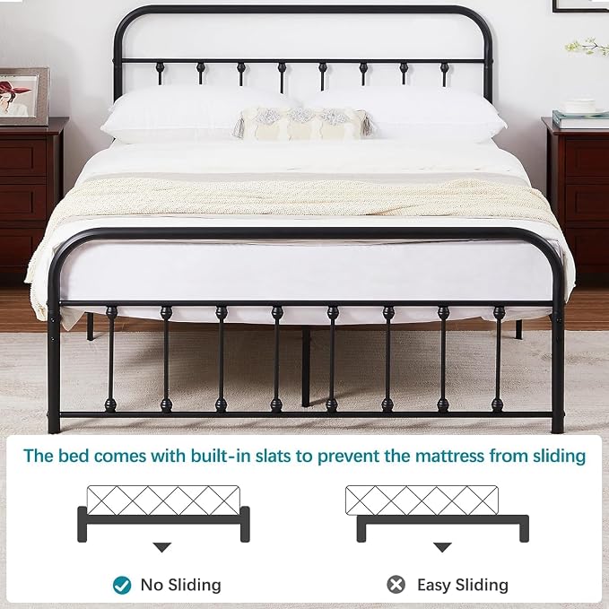 VECELO Queen Metal Platform Bed Frame with Headboard, Heavy Duty Steel Slat Support, Under Bed Storage,No Box Spring Needed, Easy Assembly，Victorian Style