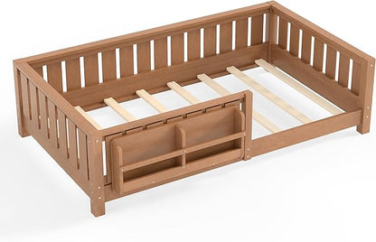 Bellemave Twin Size Floor Bed with high Rails and with Built-in Bookshelf for Kids, Wood Montessori Floor Bed Without Door, Natural