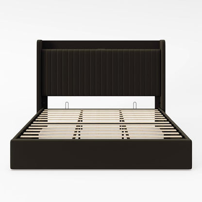 Allewie King Size Lift Up Storage Bed Frame,Storage Shelf Headboard with Charging Station,Type-C and USB Ports,Hydraulic Support,Velvet Upholstered Bed Frame,No Box Spring Needed,Black
