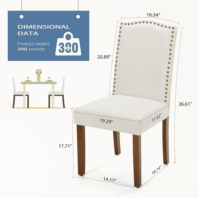 DUMOS Dining Chairs Set of 2, Farmhouse Fabric Upholstered Kitchen Chairs with Wooden Legs and Padded Seat, Modern Accent Chair for Dining Room, Kitchen, Living Room, Restaurant, Beige